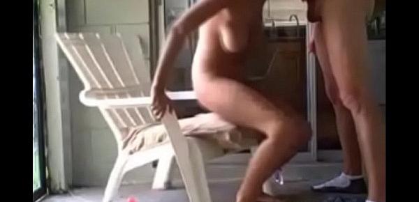 Busty Brunette MILF Fucks Outside